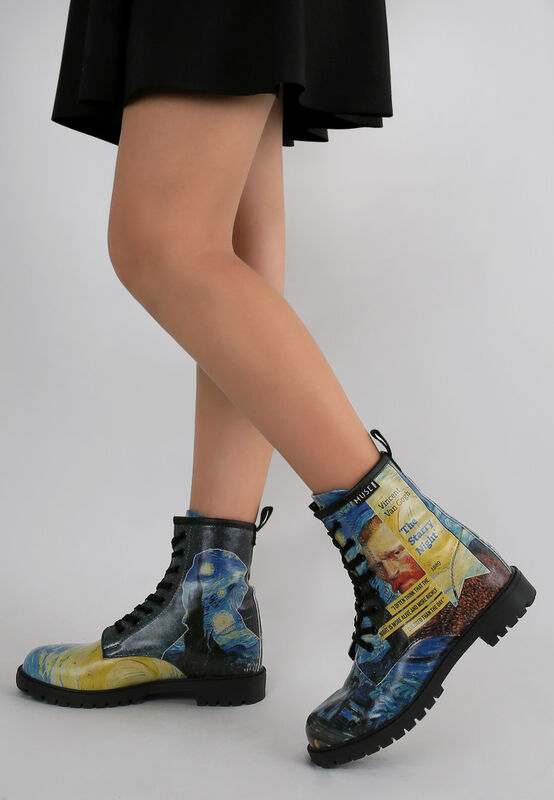 Femme Cuir Vegan Bleu Bottes Longues Vincent van Gogh The Starry