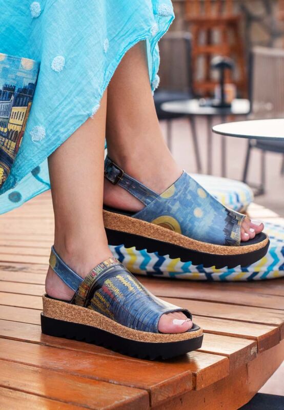 Femme Cuir Vegan Bleu Sandales Compensées Sea Sparkle Motif