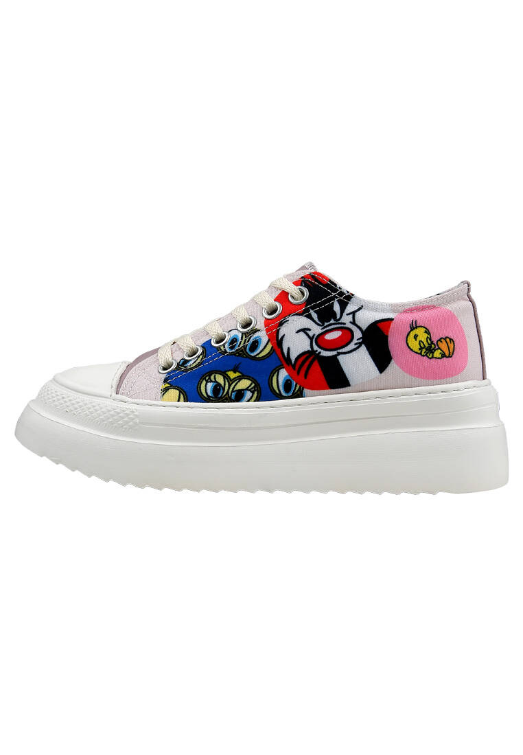 Kadın Vegan Beyaz Kalın Taban Sneakers - Warner Bros Looney Tunes Tweety Sylvester Puddy Tat Tasarım