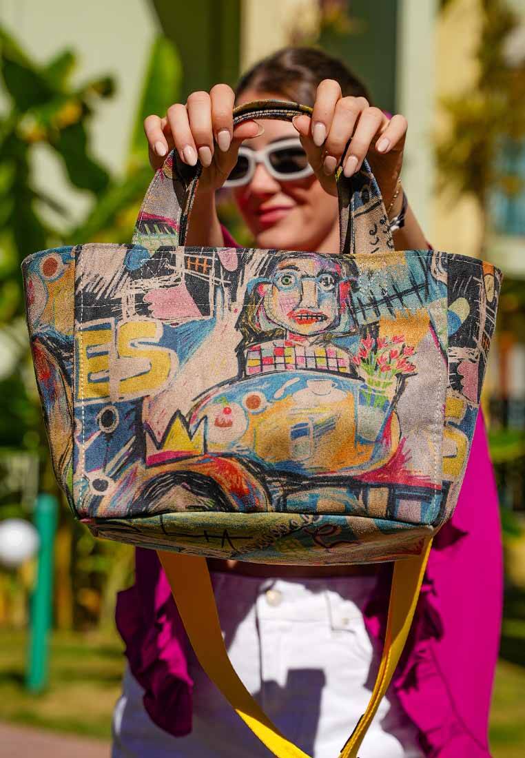 Kadın Vegan Deri Çok Renkli Medium Tote Bag - Live and Save Tasarım