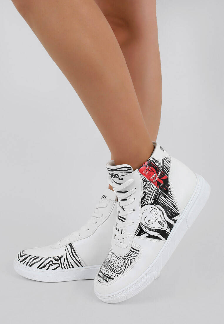 Kadın Vegan Deri Beyaz High Sneakers - Edvard Munch The Scream Muse Tasarım