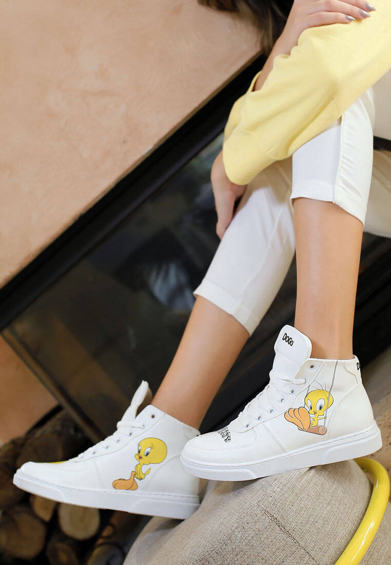 Kadın Vegan Deri Beyaz High Sneakers - Warner Bros Tweety Classic Tasarım