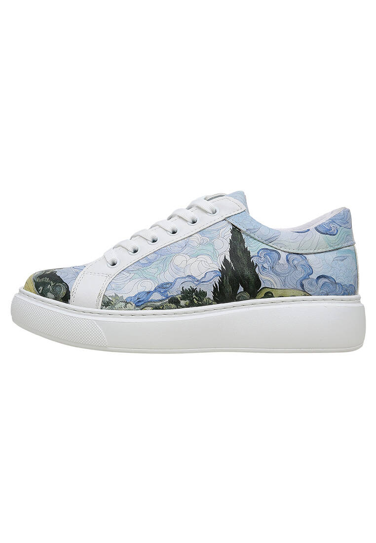 Kadın Vegan Deri Beyaz Sneakers - Vincent van Gogh A Wheat Field with Cypresses Tasarım