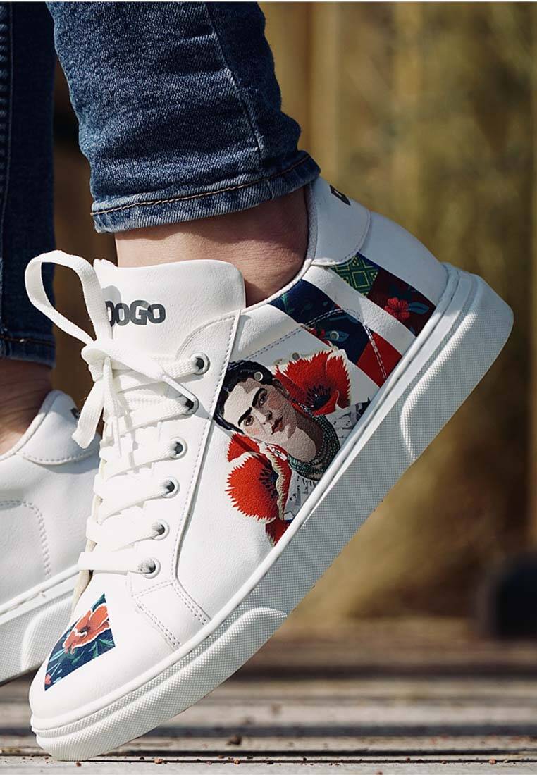 Kadın Vegan Deri Beyaz Sneakers - Viva la Vida Frida Kahlo Tasarım