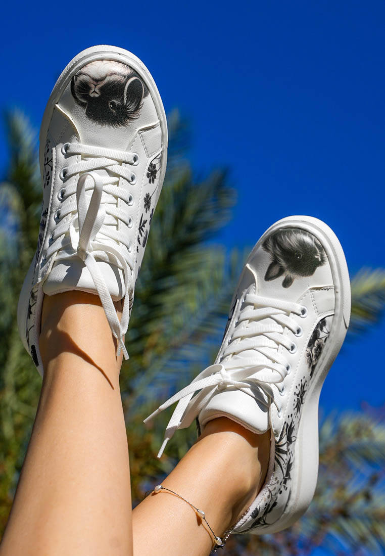 Kadın Vegan Deri Beyaz Sneakers - Fluffy Tasarım