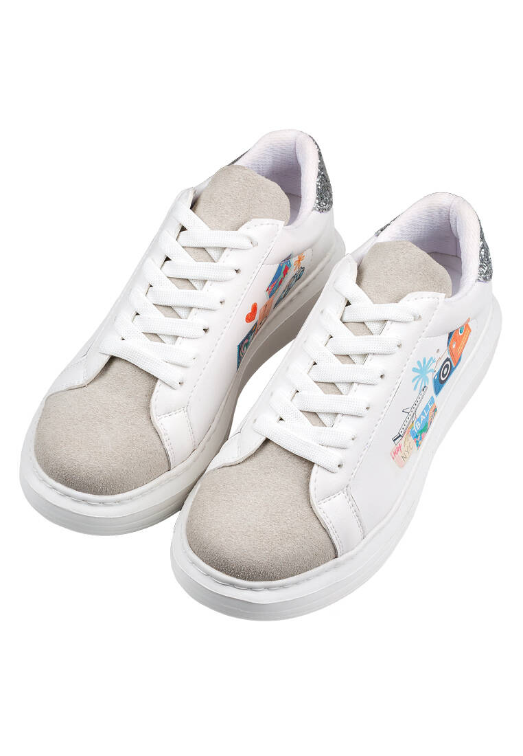 Kadın Vegan Deri Beyaz Sneakers - Travel Collage Tasarım