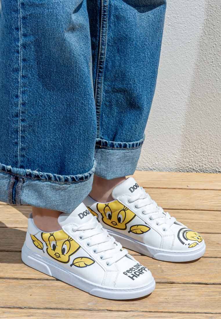 Kadın Vegan Deri Beyaz Sneakers - Warner Bros Tweety Feeling Happy Tasarım