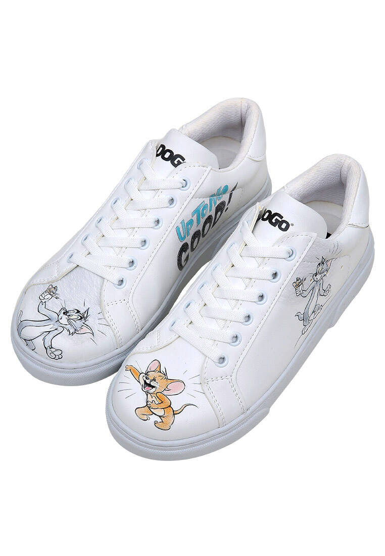 Kadın Vegan Deri Beyaz Sneakers - Warner Bros Tom ve Jerry Up to No Good Tasarım