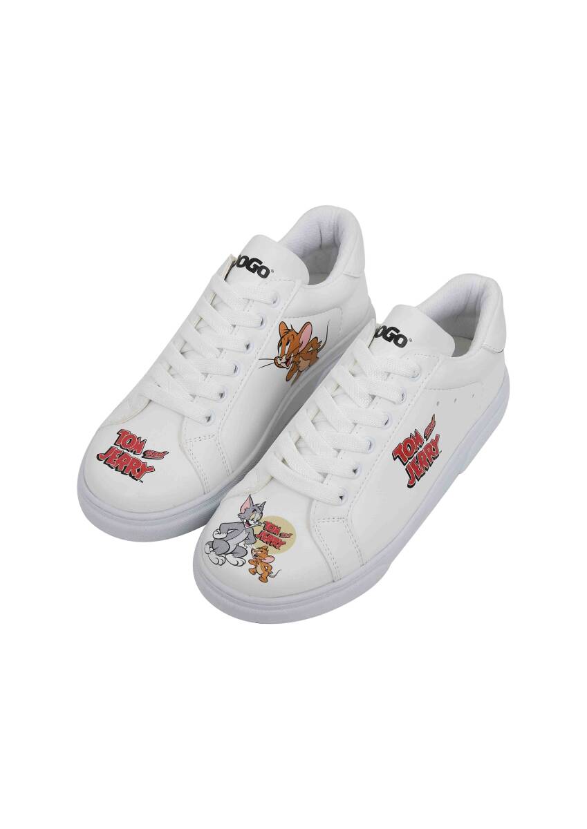 Kadın Vegan Deri Beyaz Sneakers - Warner Bros Tom ve Jerry Tasarım