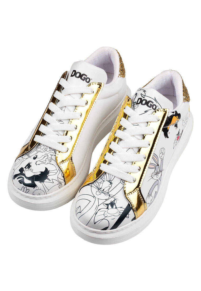 Kadın Vegan Deri Beyaz Sneakers - Warner Bros Bugs Bunny Looney Tunes Chasing Tunes Tasarım