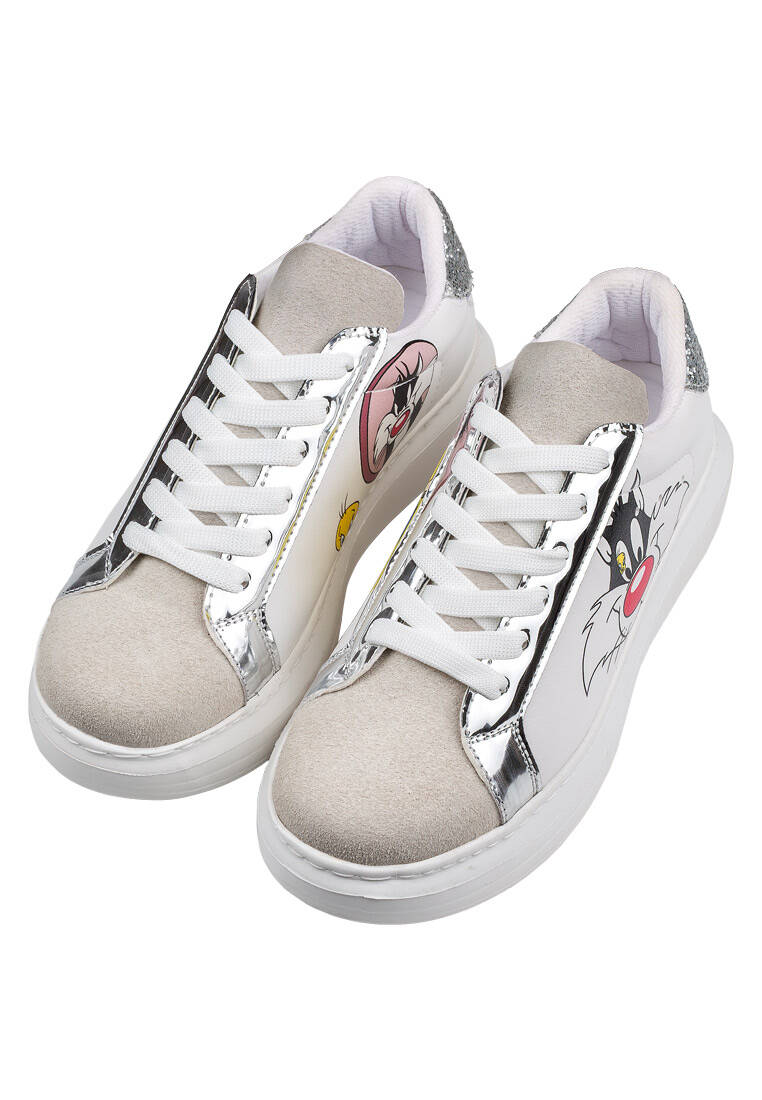 Kadın Vegan Deri Beyaz Sneakers - Warner Bros Tweety Sylvester Puddy Tat Tasarım