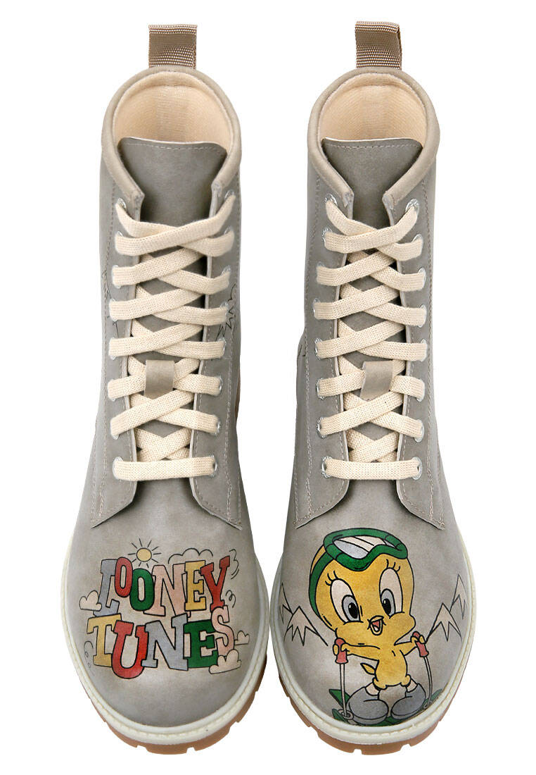 Kadın Vegan Deri Gri Uzun Bot - Warner Bros Tweety Looney Tunes Ski Club Tasarım