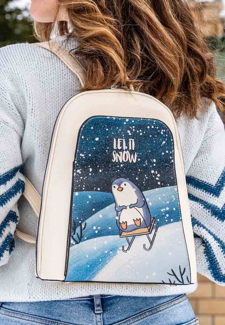 Kadın Vegan Deri Krem Sırt Çantası - Let İt Snow Tasarım