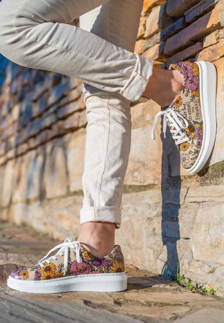 Kadın Vegan Deri Çok Renkli Günlük Sneakers - Smell The Flowers Tasarım
