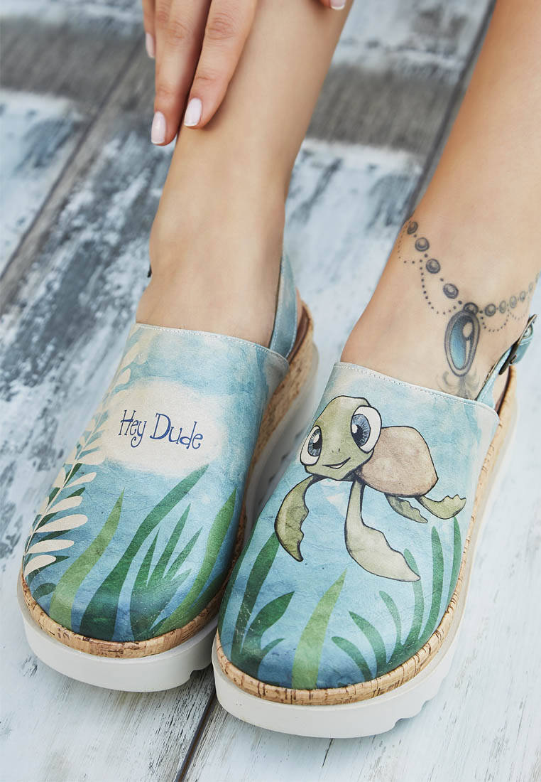 Kadın Vegan Deri Mavi Kalın Taban Sandalet - Caretta-Hey Dude Tasarım