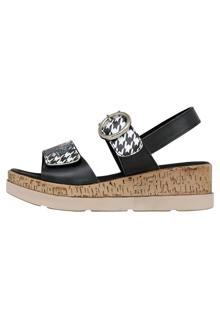 Kadın Vegan Deri Siyah Kalın Taban Sandalet - Black Majestic Garden Tasarım