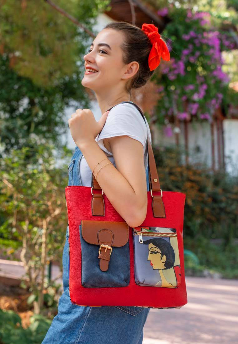 Kadın Vegan Deri Kırmızı Omuz Çantası - Cubic Faces Tasarım