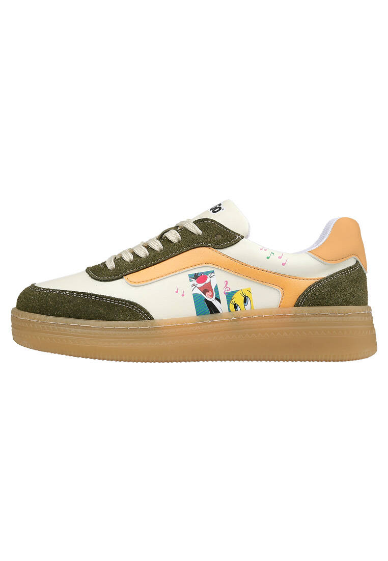 Kadın Vegan Deri Krem Sneakers - Warner Bros Looney Tunes Sylvester and Tweety Tasarım