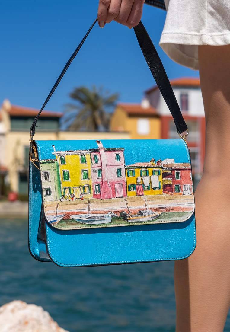 Kadın Vegan Deri Mavi El Çantası - Burano Island Tasarım