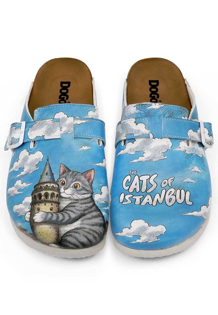 Kadın Vegan Deri Mavi Terlik - Galata Cat Tasarım