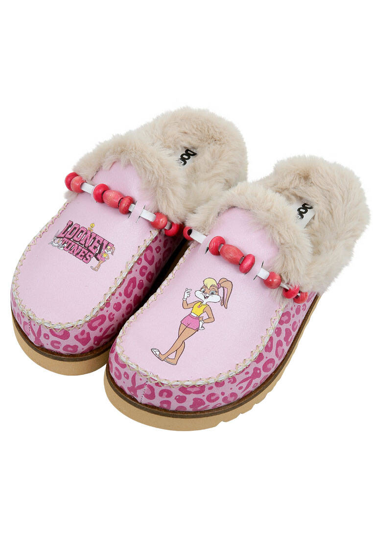 Kadın Vegan Deri Pembe İçi Peluş Terlik - Warner Bros Pink Leopard Lola Bunny Tasarım