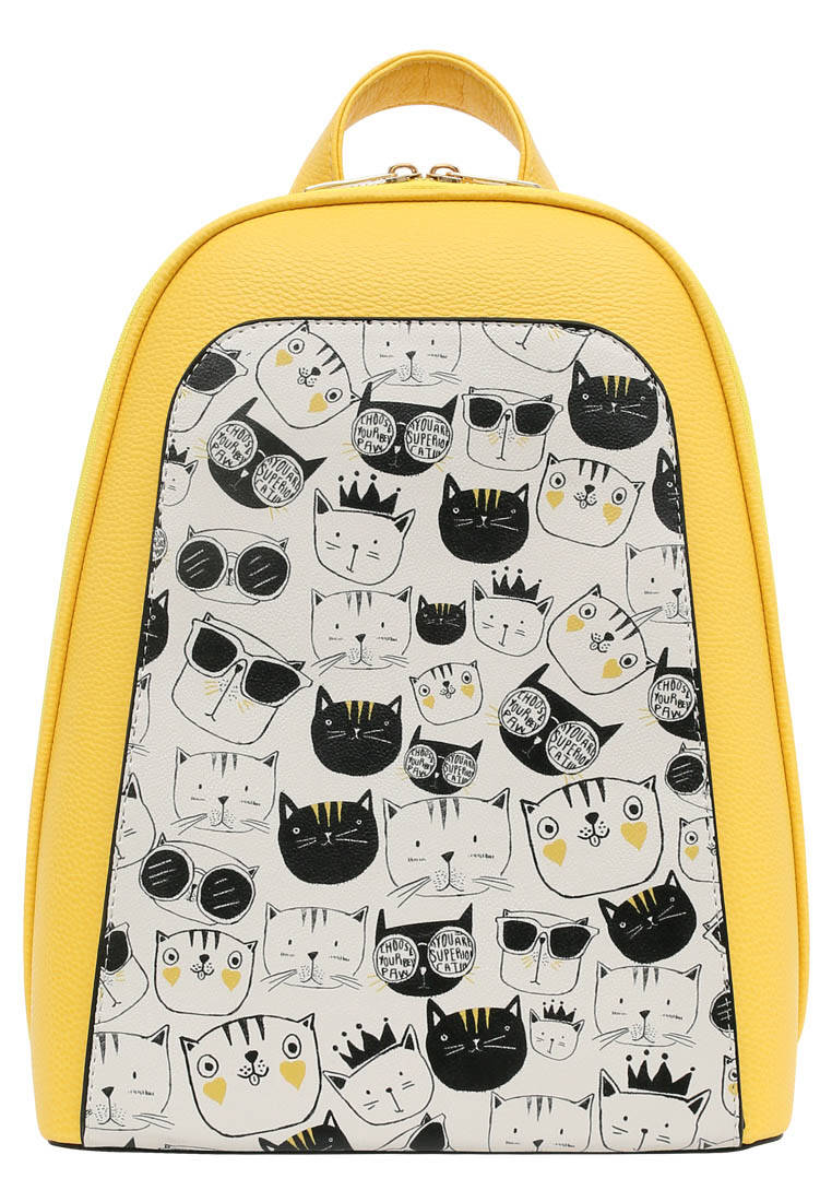 Kadın Vegan Deri Sarı Sırt Çantası - Monochrome Cats Tasarım