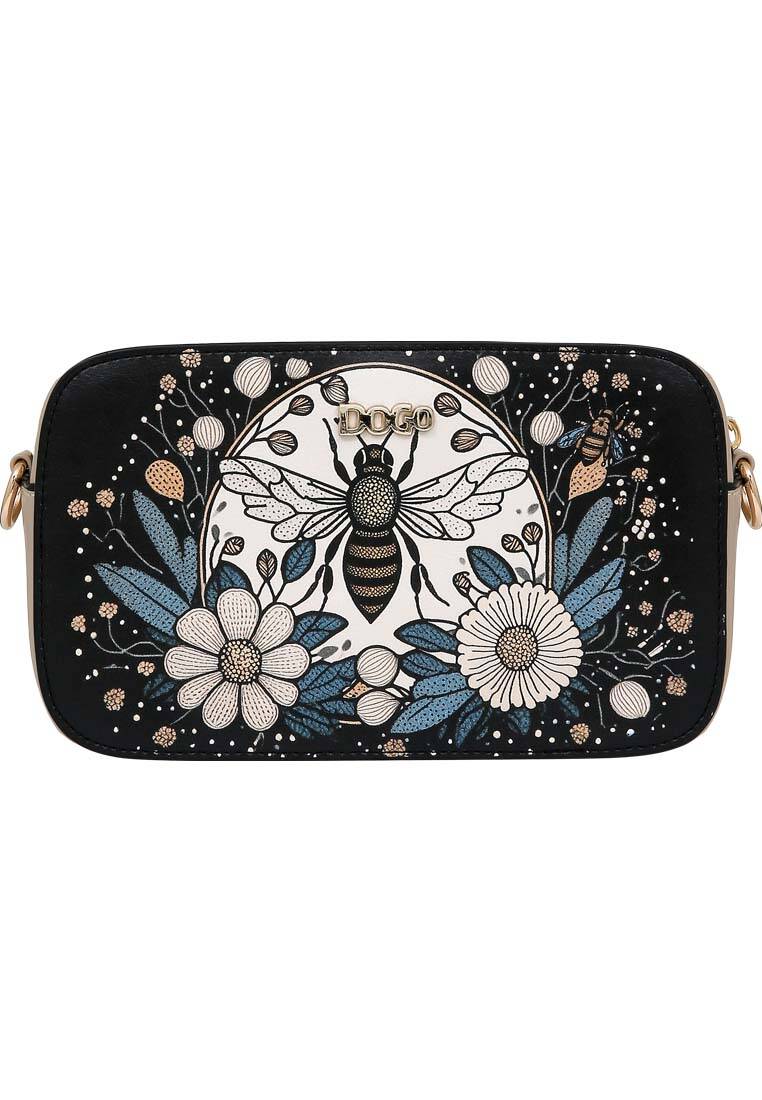 Kadın Vegan Deri Siyah El Çantası - Bee with Flowers Tasarım