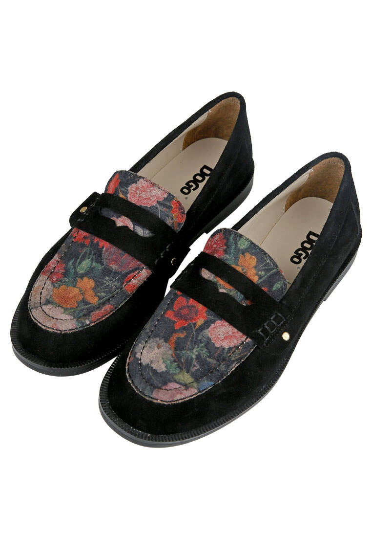 Kadın Vegan Deri Siyah Loafer - Black Floral Tasarım