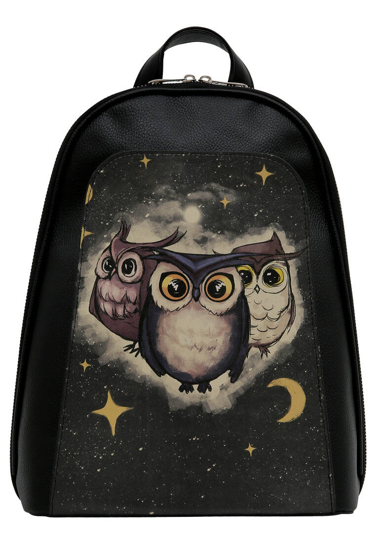 Kadın Vegan Deri Siyah Sırt Çantası - Owls Family Tasarım