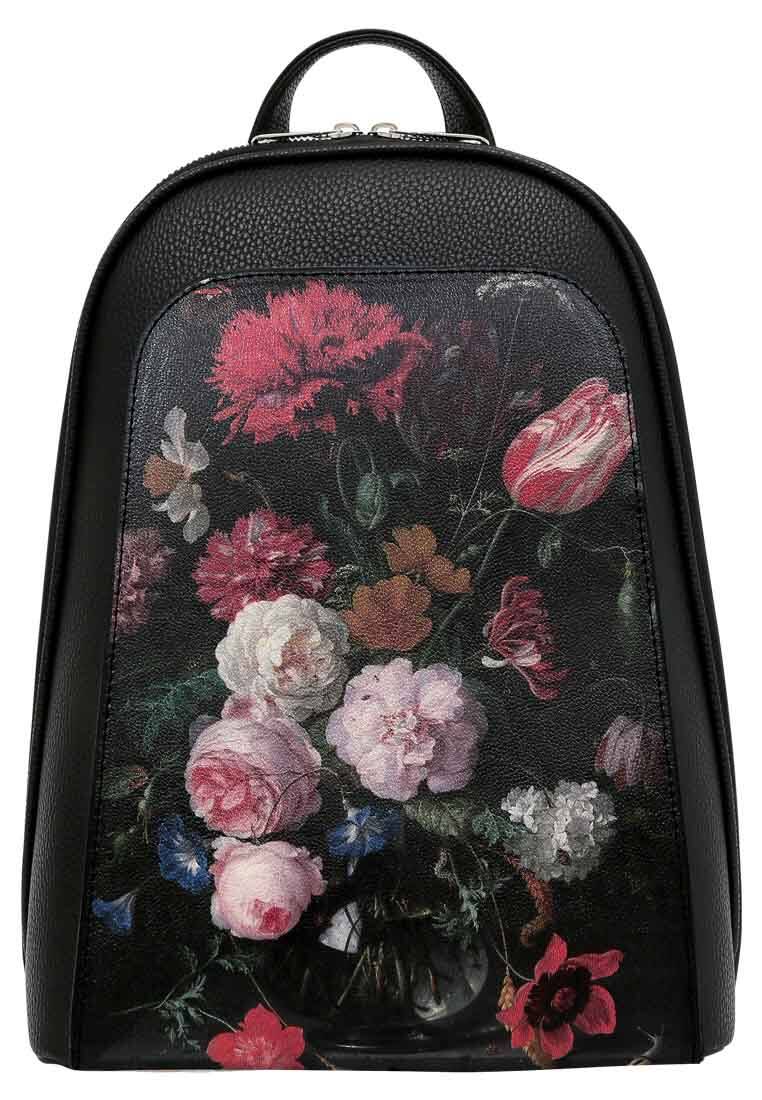 Kadın Vegan Deri Siyah Sırt Çantası - Black Floral Tasarım
