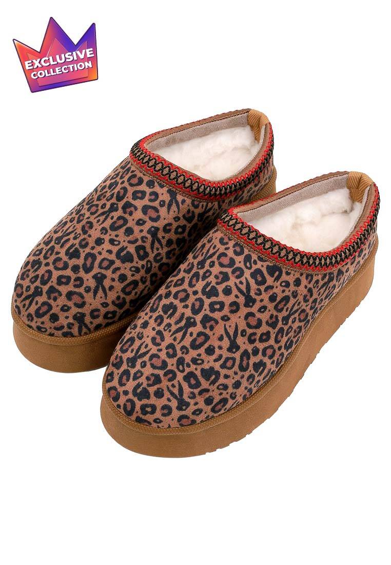 Kadın Vegan Deri Kahverengi İçi Peluş Terlik - Looney Tunes Leopard Looney Tasarım