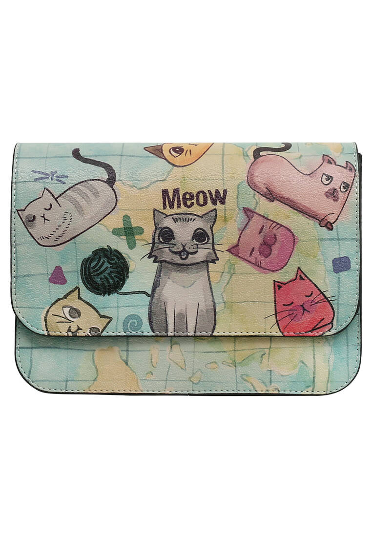 Kadın Vegan Deri Yeşil El Çantası - Cats of the World Tasarım