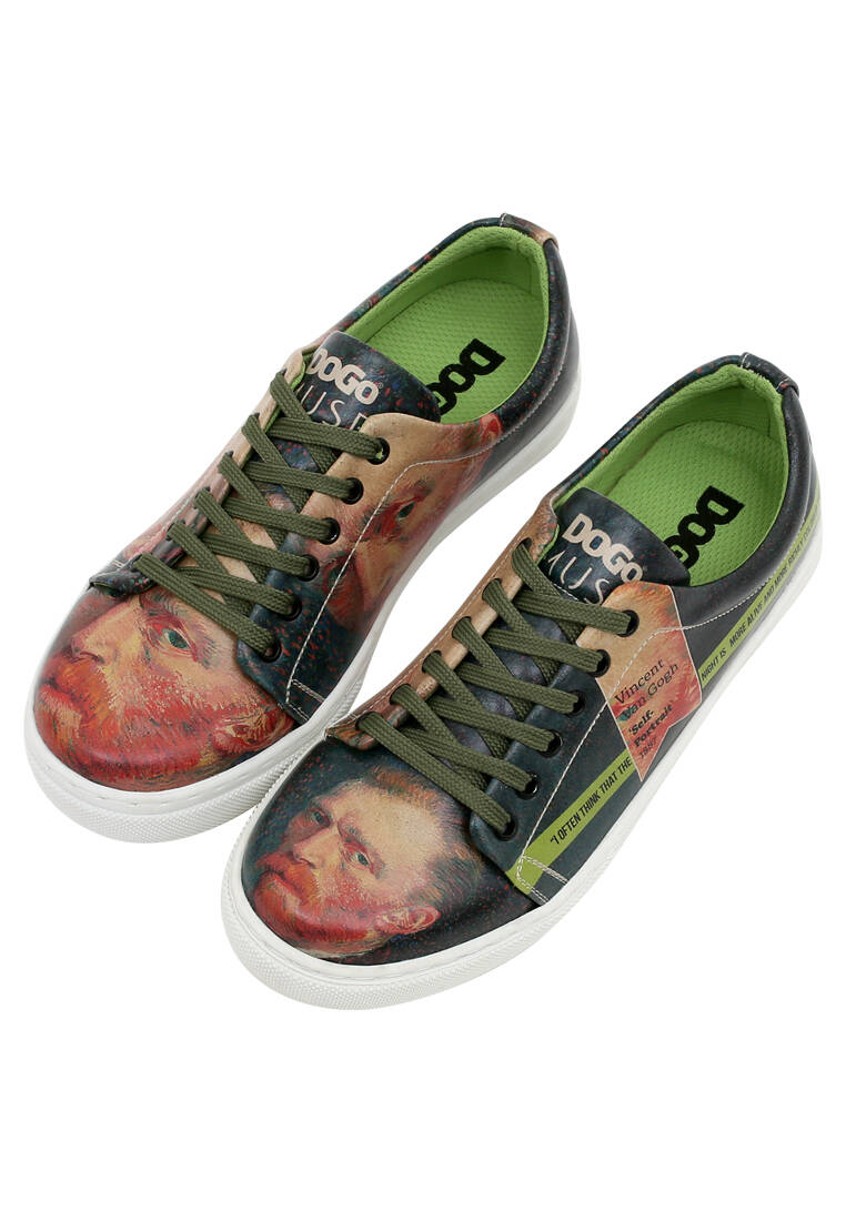 Kadın Vegan Deri Yeşil Sneakers - Vincent van Gogh Self Portrait Muse Tasarım