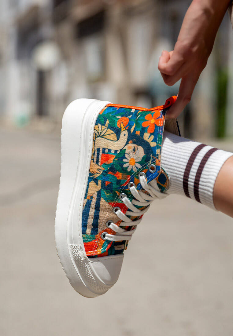 Kadın Vegan Çok Renkli Kalın Taban High Sneakers - Blossom Hug Tasarım