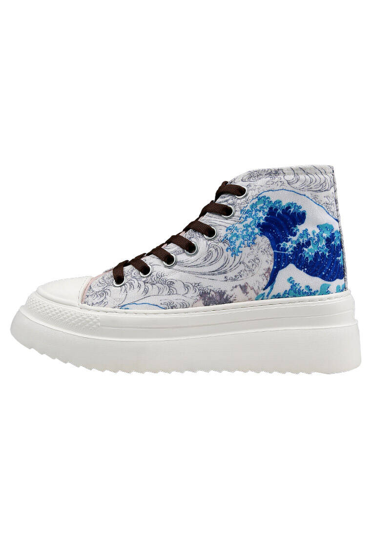 Kadın Vegan Bej Kalın Taban High Sneakers - Japanese Waves Tasarım