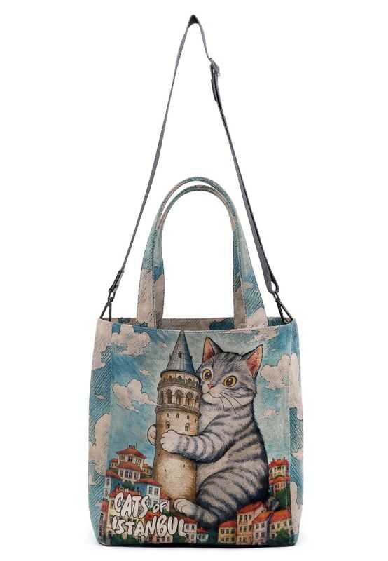 Kadın Vegan Mavi Large Tote Bag - Galata Cat Tasarım - DOGO Store