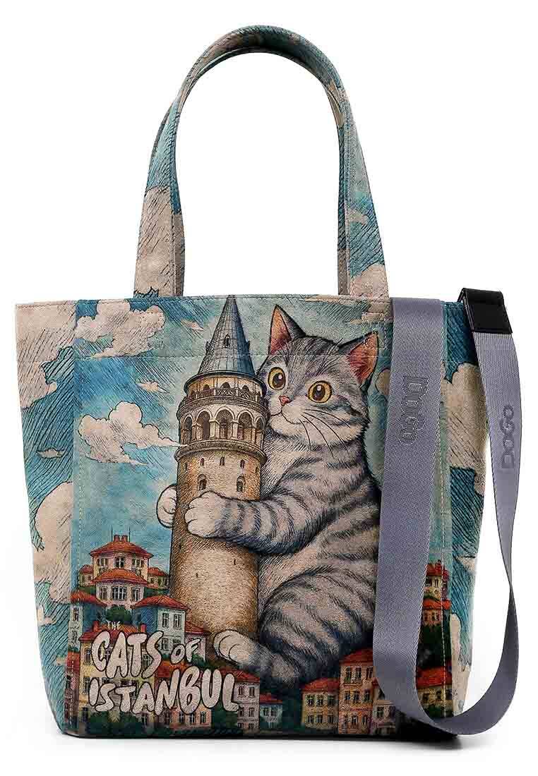 Kadın Vegan Mavi Large Tote Bag - Galata Cat Tasarım