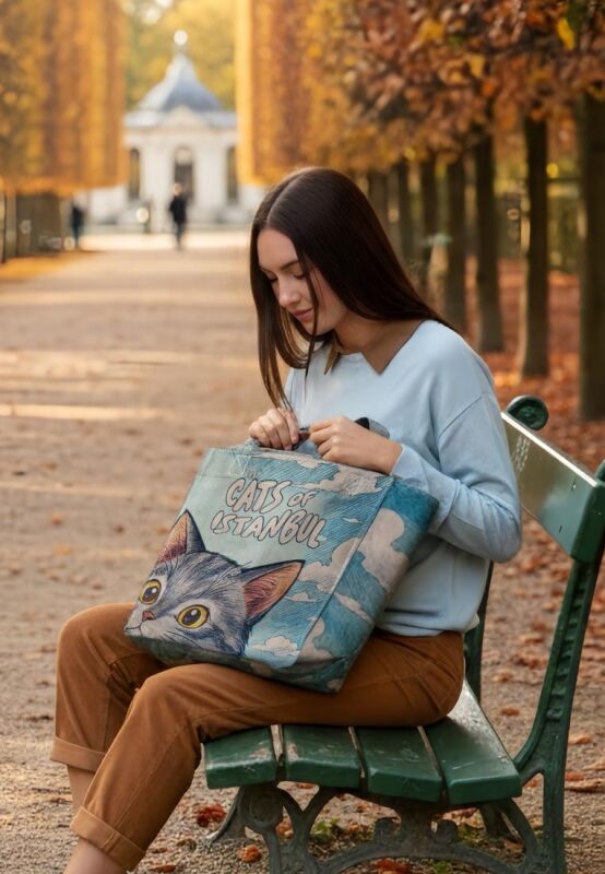 193 igusa イグサ Cat big tote bag バッグ Kadın Vegan Mavi Large Tote Bag - Galata Cat Tasarım - DOGO Store