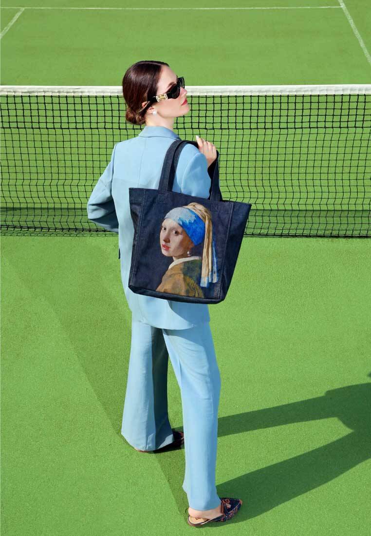 Kadın Vegan Siyah Large Tote Bag - Girl With A Pearl Earring Tasarım