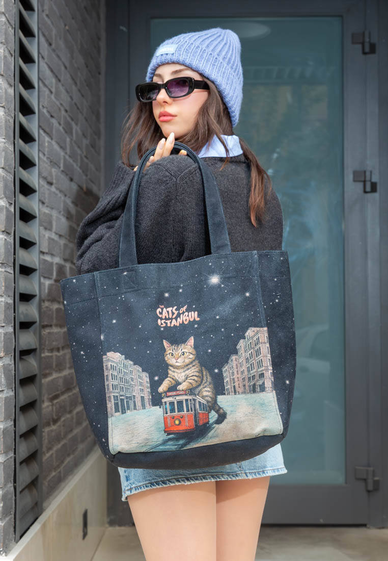Kadın Vegan Siyah Large Tote Bag - Paws on Taksim Tasarım