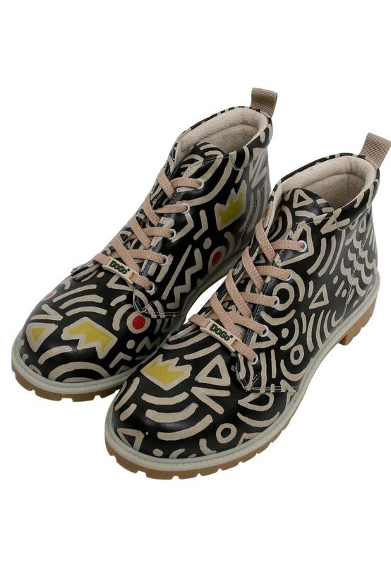 Men Vegan Leather Black Ankle Boots Abstract Outline Black Design