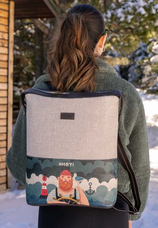 Unisex Vegan Gri Sırt Çantası Ahoy Sailor Tasarım DOGO Store