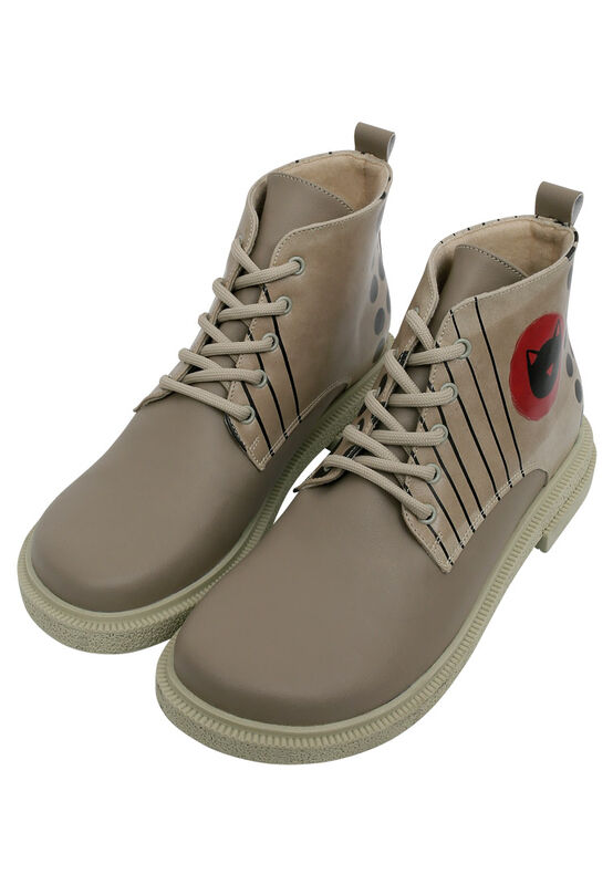 Women Vegan Leather Beige Ankle Boots Dots and Cats Design