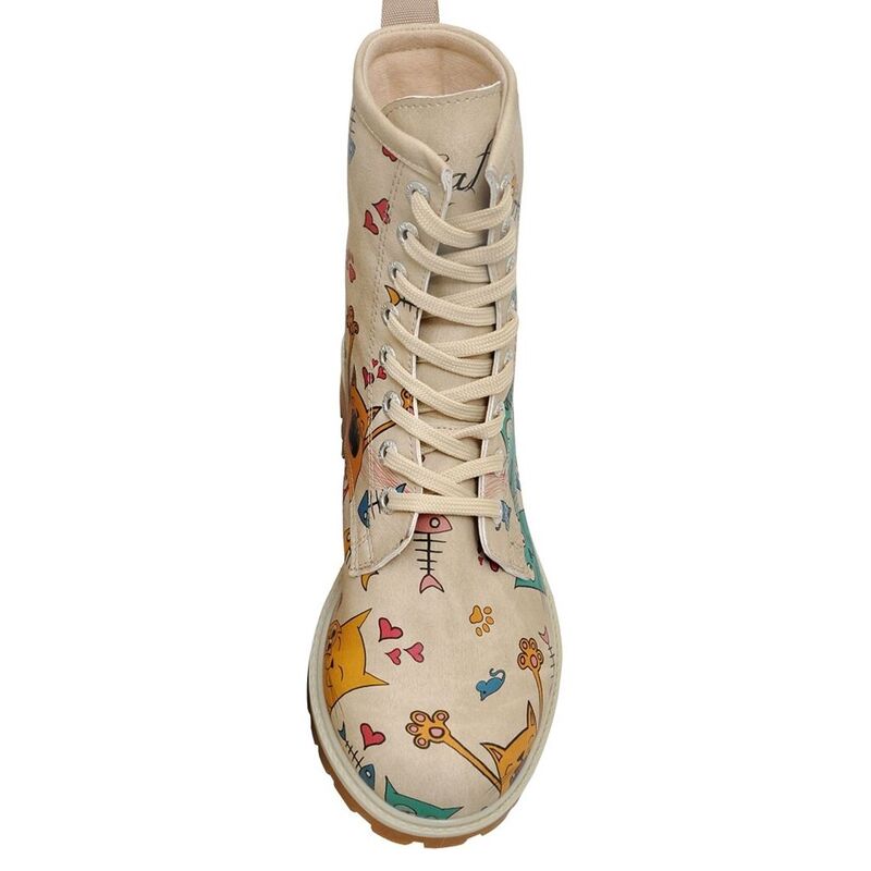 Women Vegan Leather Beige Long Boots Cat Lovers Design DOGO Store