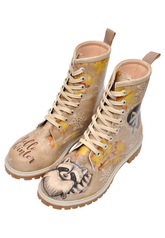 Women Vegan Leather Beige Long Boots Raccoon Design DOGO Store