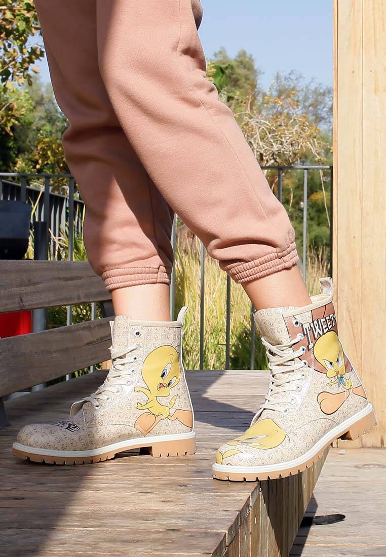 Women Vegan Leather Beige Long Boots - Warner Bros Tweety