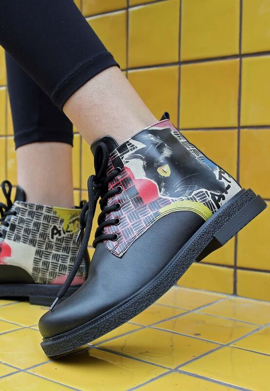 Women Vegan Leather Black Ankle Boots Artsy Cat Collage Design DOGO  Store