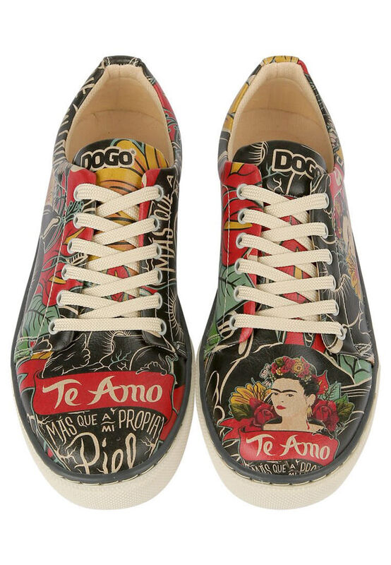 Women Vegan Leather Black Sneakers - Te Amo Frida Kahlo Design - DOGO Store
