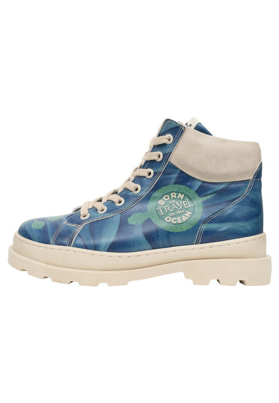 Women Vegan Leather Blue Boots Born to Travel in the Ocean Design