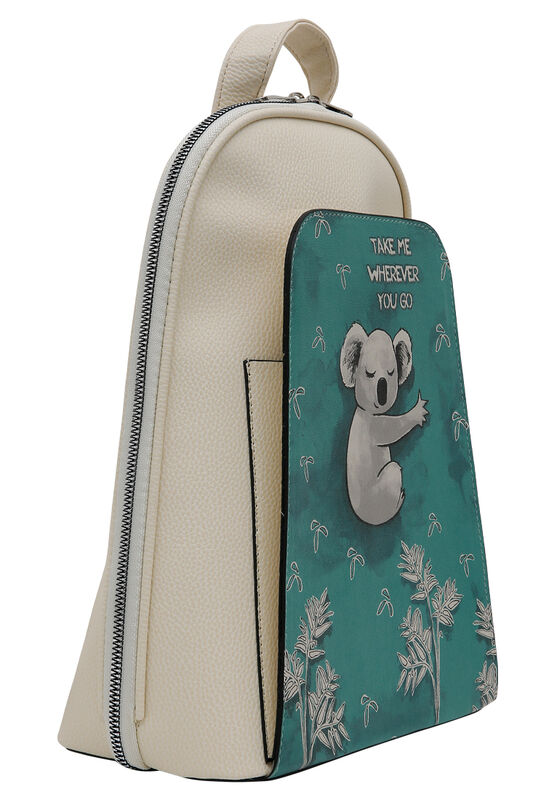 Women Vegan Leather Cream Backpack Koala Hug Design - Main Image